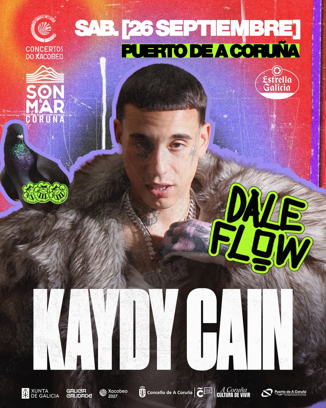 Cartel de Kaydy Cain en Dale Flow 2026, sábado 26 de septiembre, Puerto de A Coruña
